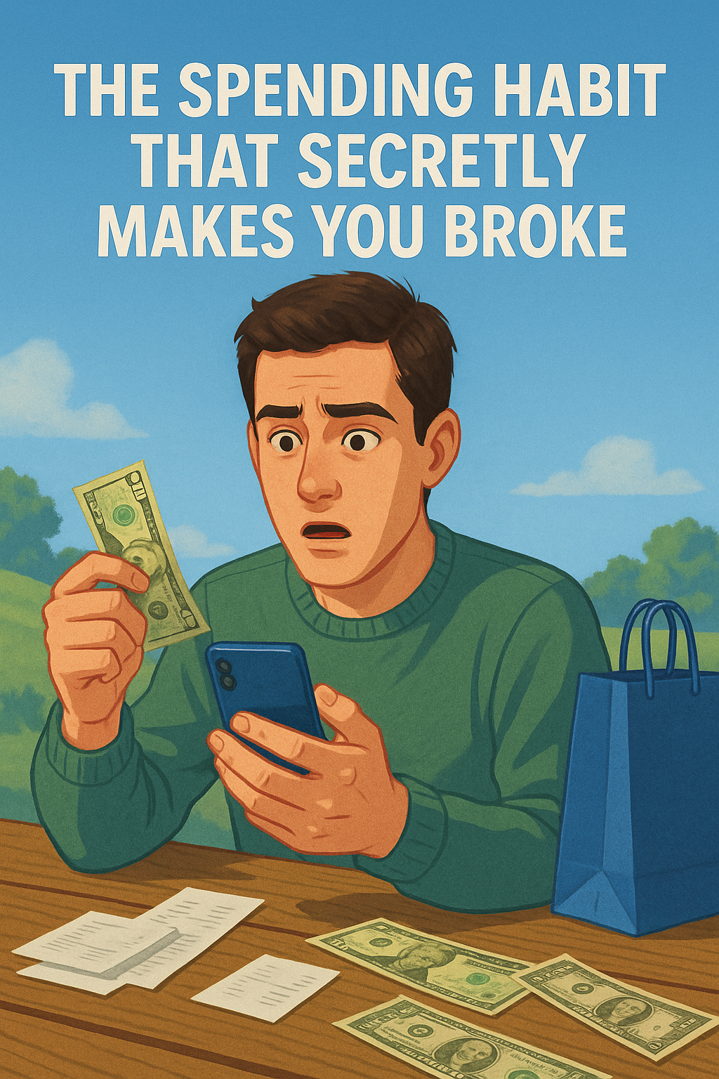 Semi-realistic illustration of a worried man sitting outdoors, holding cash and checking his phone, with receipts and money spread across a wooden table, symbolizing hidden spending habits.