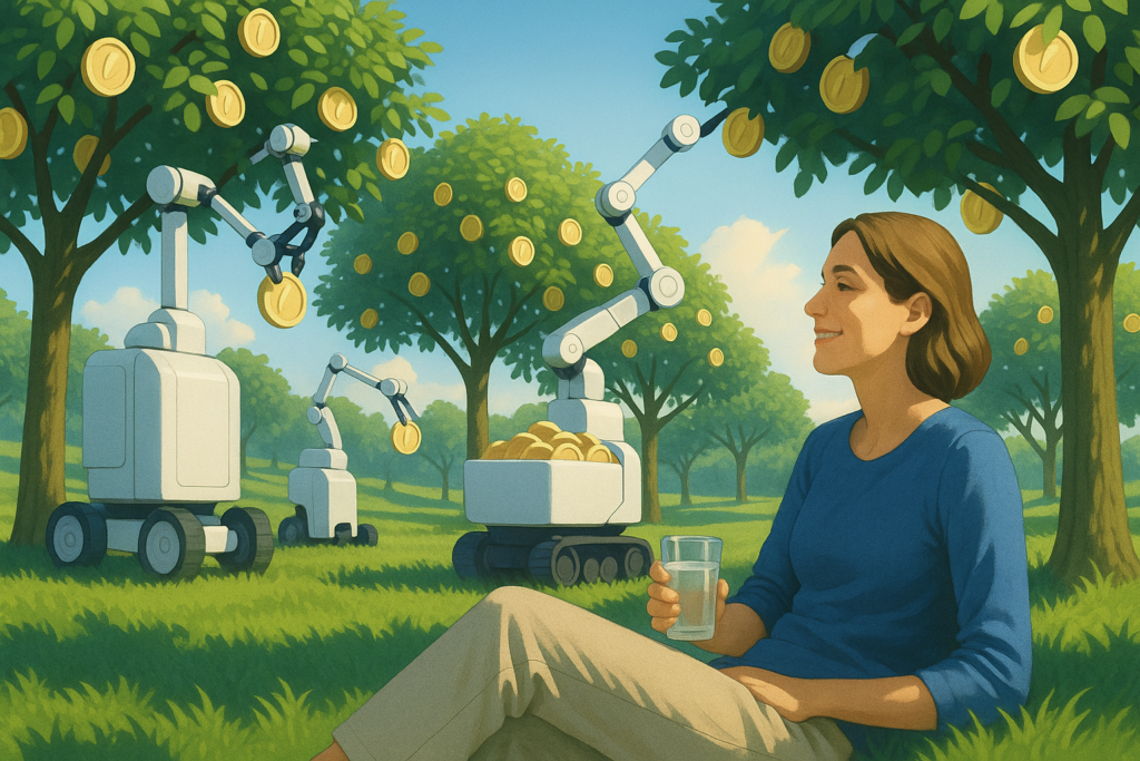 A relaxed woman sits in a sunlit orchard sipping a drink while automated harvesters collect golden coin-fruits from the surrounding trees.