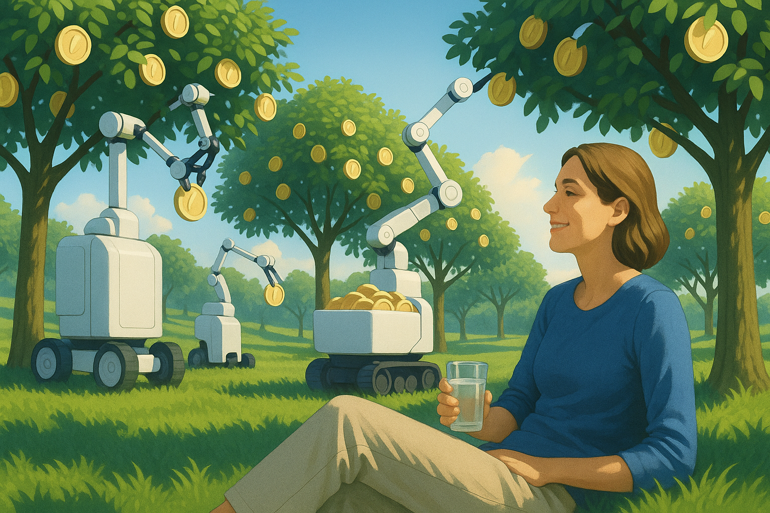 A relaxed woman sits in a sunlit orchard sipping a drink while automated harvesters collect golden coin-fruits from the surrounding trees.
