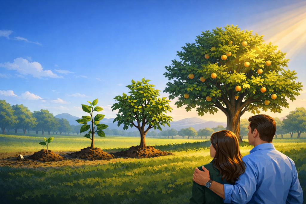 Illustration showing a seed growing into a mature orchard tree over time, watched by a calm, successful couple, symbolizing the power of compounding and long-term wealth growth.