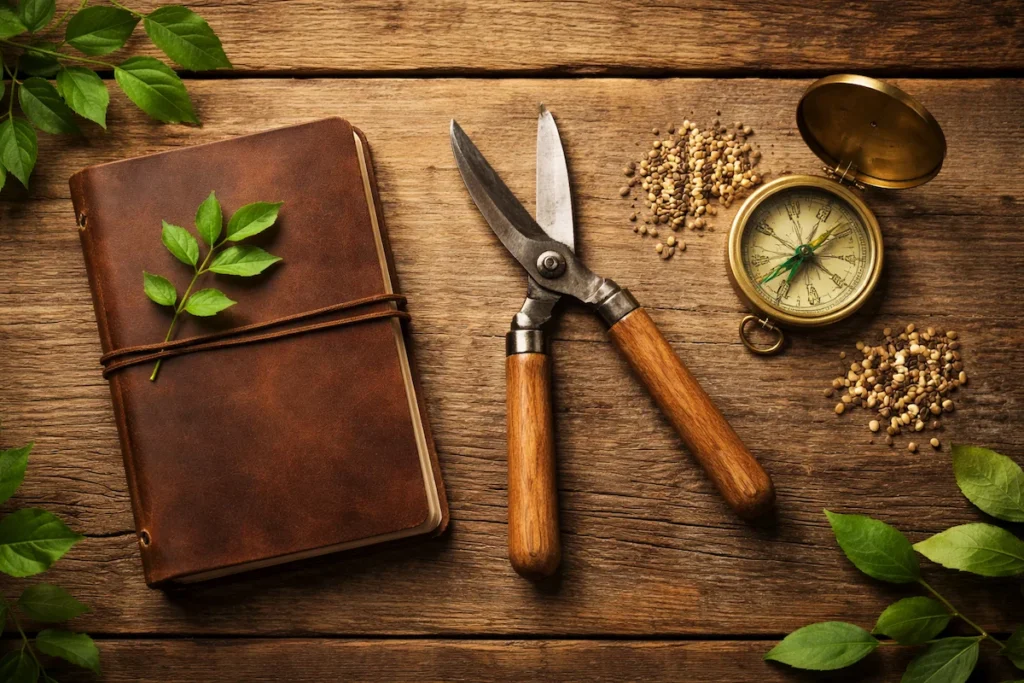 Flat lay of a leather-bound journal, gardening shears, seeds, and a vintage compass on a wooden table, symbolizing intentional wealth building through psychology and strategy.