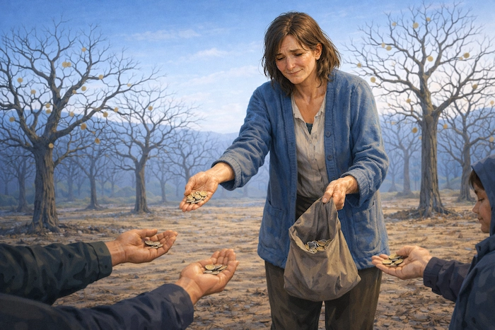 A weary woman stands in a barren orchard, handing coins downward to outstretched hands, while empty coin trees behind her show the cost of giving without sustainability.