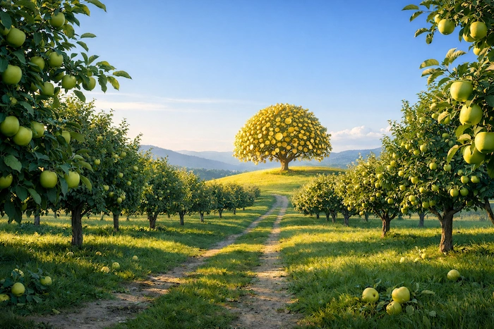 A long orchard path leading to a single tree at the horizon growing golden coins, symbolizing the slow, compounding growth of wealth over time.