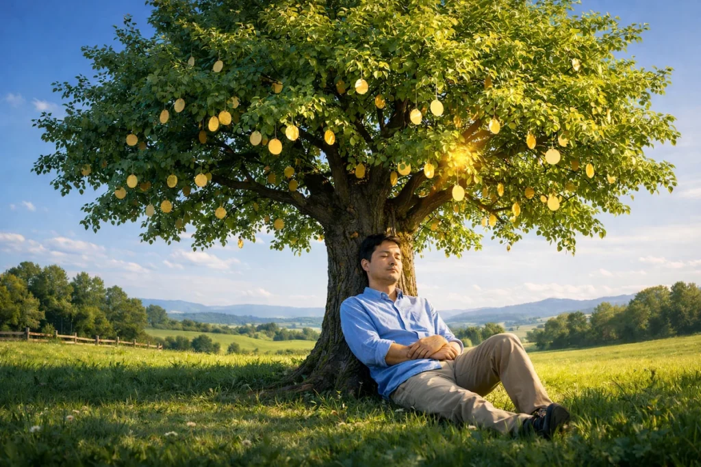 Asian man sleeping peacefully against a tree trunk beneath a mature money tree growing gold coins in a calm, sunlit field, symbolizing long-term investing and dollar-cost averaging.