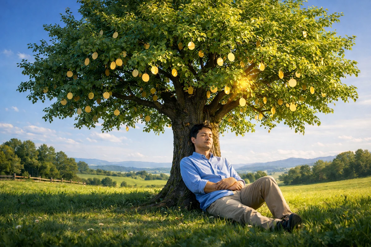 Asian man sleeping peacefully against a tree trunk beneath a mature money tree growing gold coins in a calm, sunlit field, symbolizing long-term investing and dollar-cost averaging.