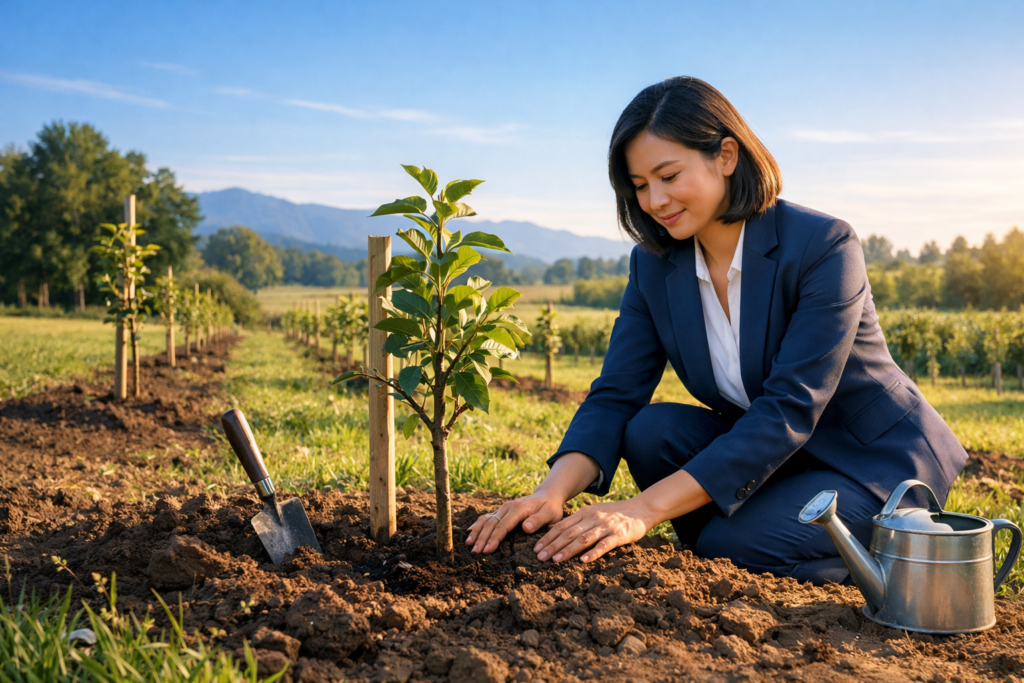 Asian woman in a professional business suit planting the first row of young trees in a new orchard, symbolizing the early stages of building income through intentional effort.
