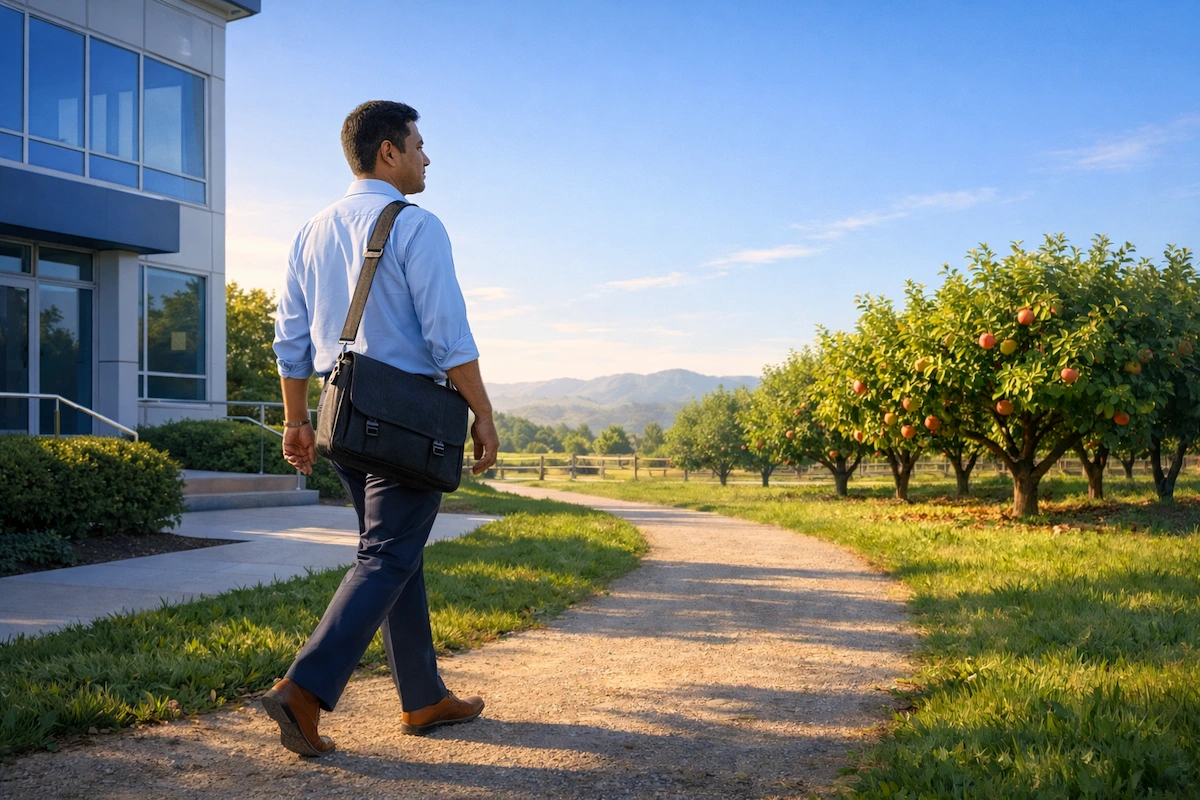 Latino business professional in side profile walking from an office building toward a sunlit orchard, carrying a briefcase and transitioning from employment to entrepreneurship.