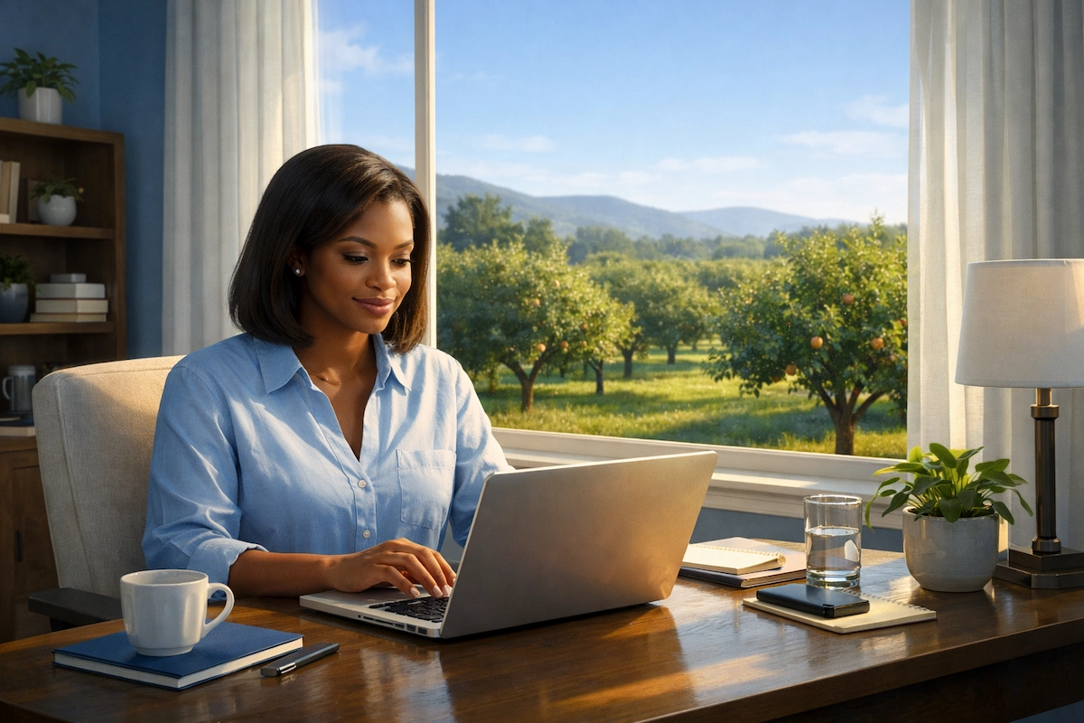 African American woman working on a laptop in a cozy home office, with sunlight and an orchard visible through the window behind her.
