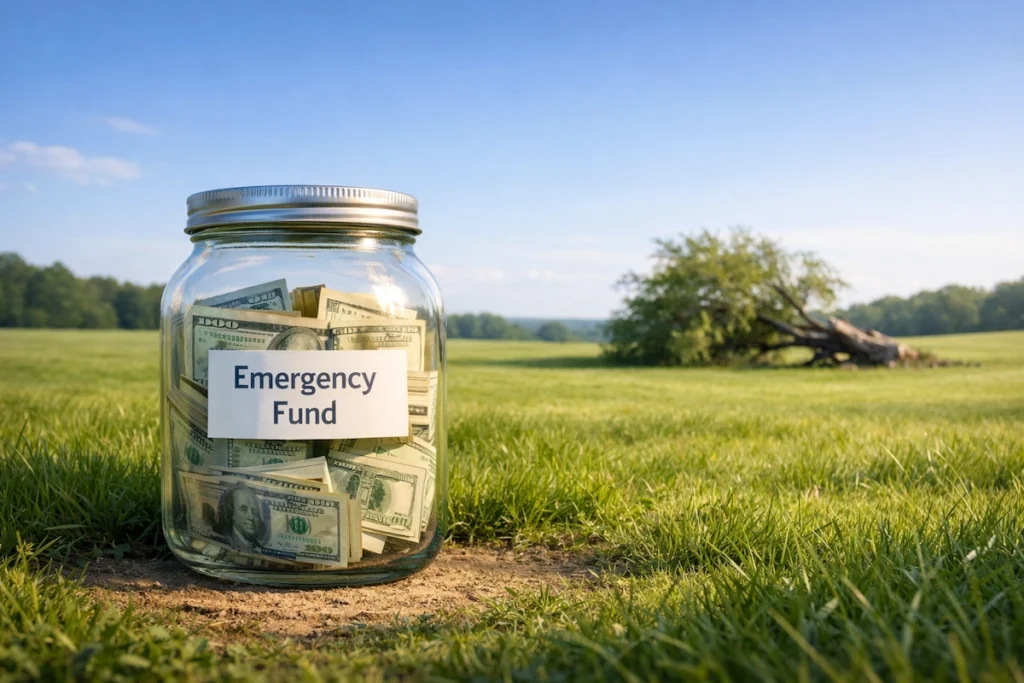 A large glass jar labeled “Emergency Fund,” filled with cash, resting in a peaceful open field with a fallen orchard tree in the distance under a clear blue sky.