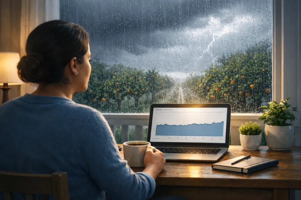 Latina woman sits calmly at a wooden table with a cup of coffee, looking out a rain-streaked window at a stormy orchard while a steady portfolio chart glows on her laptop inside a warm, organized room.