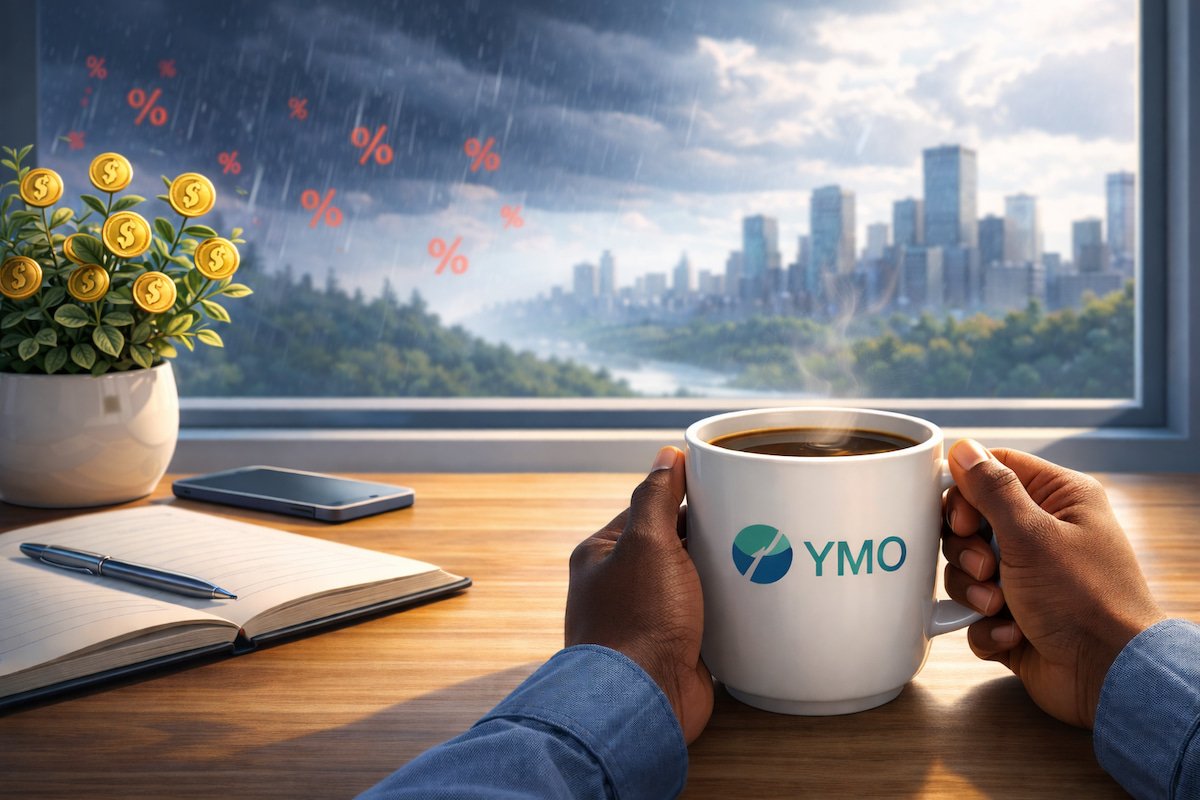 African American hands holding a YMO coffee mug at a calm wooden desk, with a coin-blooming plant in the foreground and a stormy market cityscape blurred in the background.