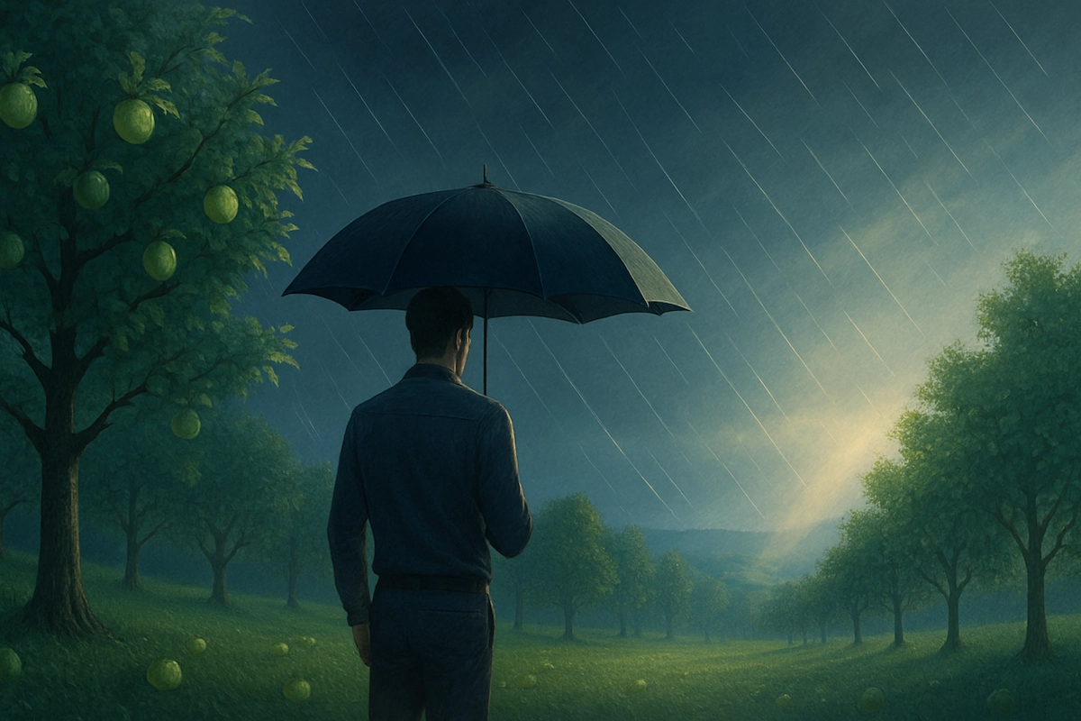 A man stands in a financial rainstorm beneath a black umbrella in a quiet orchard, looking toward a distant beam of sunlight breaking through dark clouds.