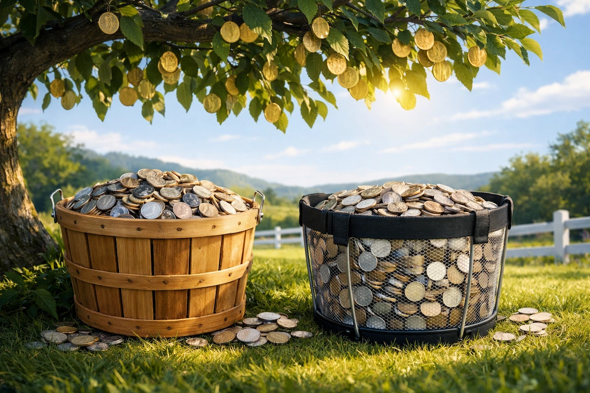Two baskets filled with identical coins sit beneath the same coin-bearing tree, one a wooden bushel basket and the other a modern wire-mesh tote, symbolizing index funds versus ETFs being different containers but holding the same thing.