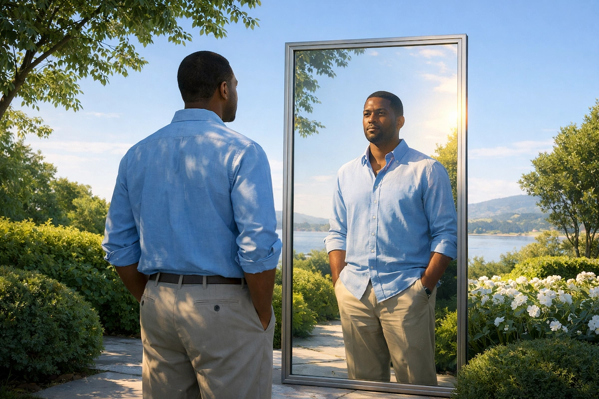 African American man standing in a YMO garden, looking thoughtfully at his reflection in a full-length mirror, symbolizing self-image and financial identity.