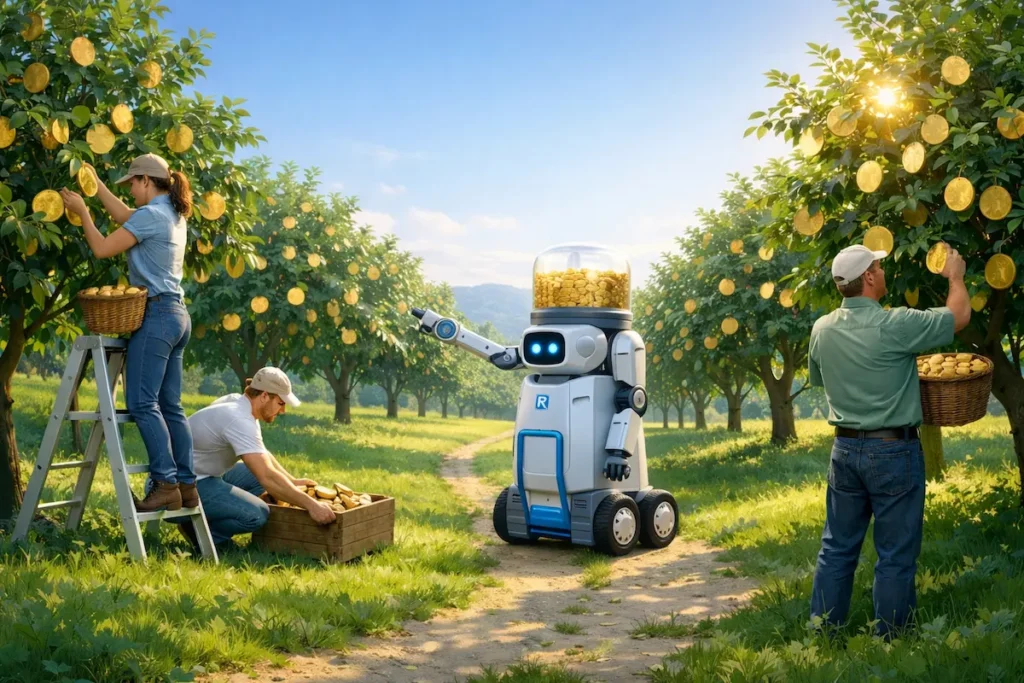 A clean money orchard scene where a diverse skills team harvests gold coins from trees alongside an automated coin-collecting robot under calm blue skies and soft sunlight.