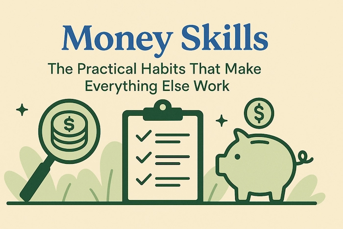 Money Skills hub page featured image showing practical financial tools like a checklist, piggy bank, and magnifying glass in a YMO blue and green color palette
