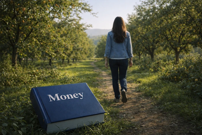 Latina woman walks into a lush orchard, leaving behind a closed book labeled “Money” on a quiet garden path.