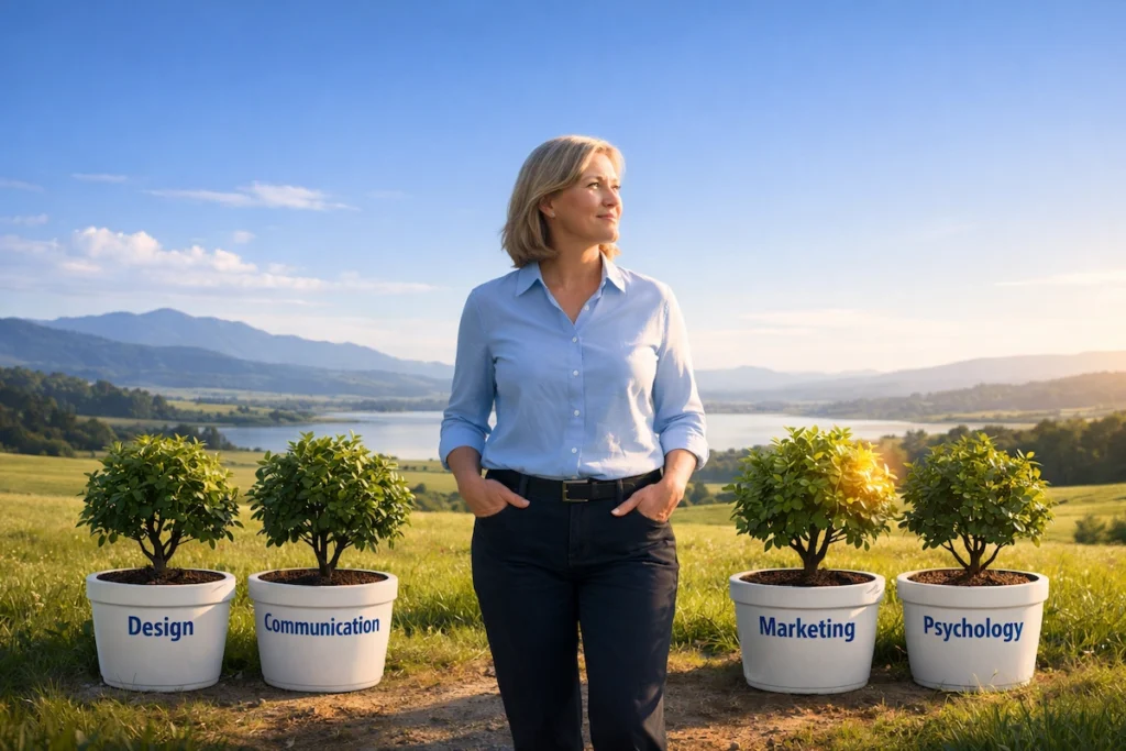 A middle-aged woman studying Your Money Orchard standing confidently in an open field beside four potted trees labeled Design, Communication, Marketing, and Psychology, representing skill stacking for long-term income growth.