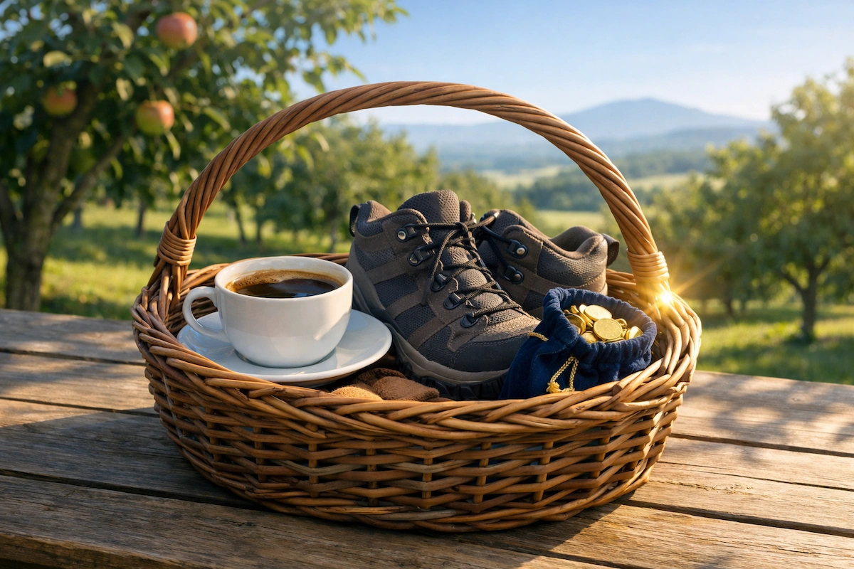 A woven harvest basket on a wooden orchard table holding a cup of coffee, hiking boots, and a small pouch of gold coins, set against a sunlit orchard landscape.