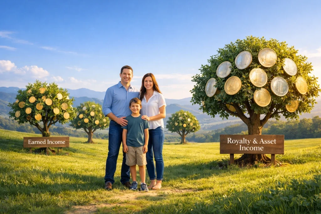 A family of three standing in an open field with income trees around them, showing earned income on one side and royalty and asset income on the other.