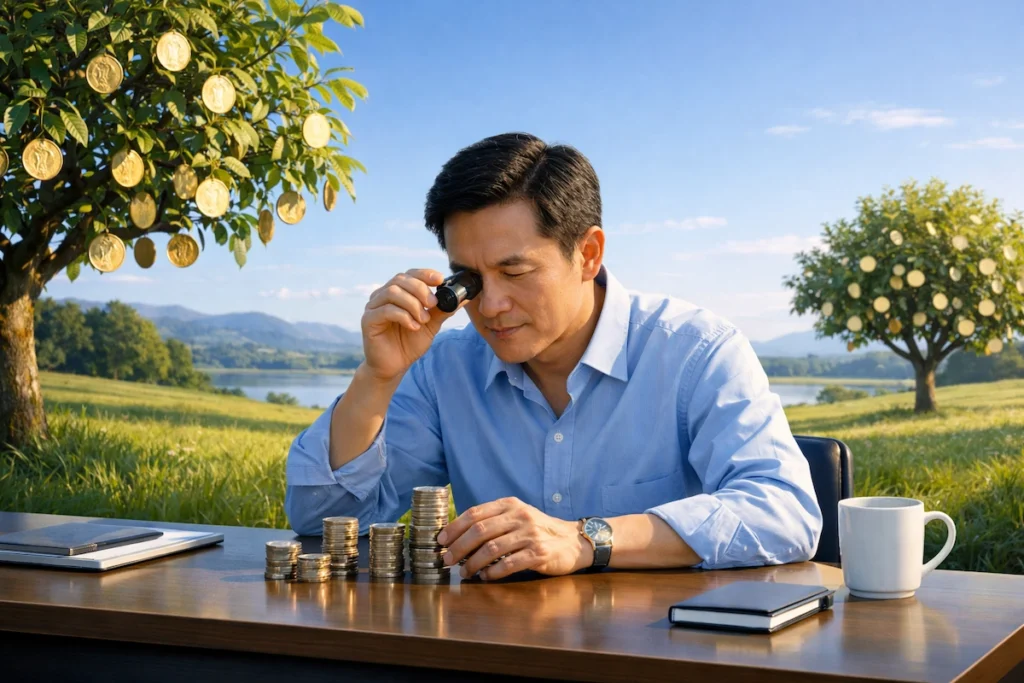Asian man carefully examining stacked coins at a tidy desk in a peaceful field, with coin-bearing orchard trees nearby, symbolizing the early money skills that build lasting wealth.