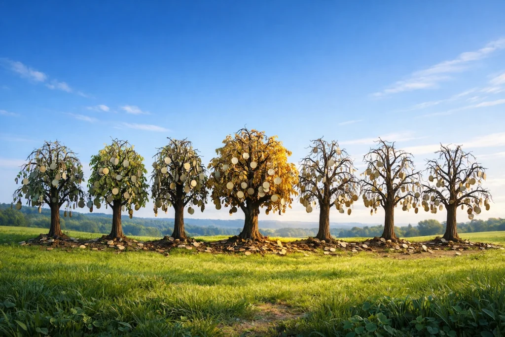 Seven side-by-side orchard trees growing coin-shaped fruit, each visibly unhealthy, standing in a peaceful green field under clear blue skies with subtle golden sunlight.
