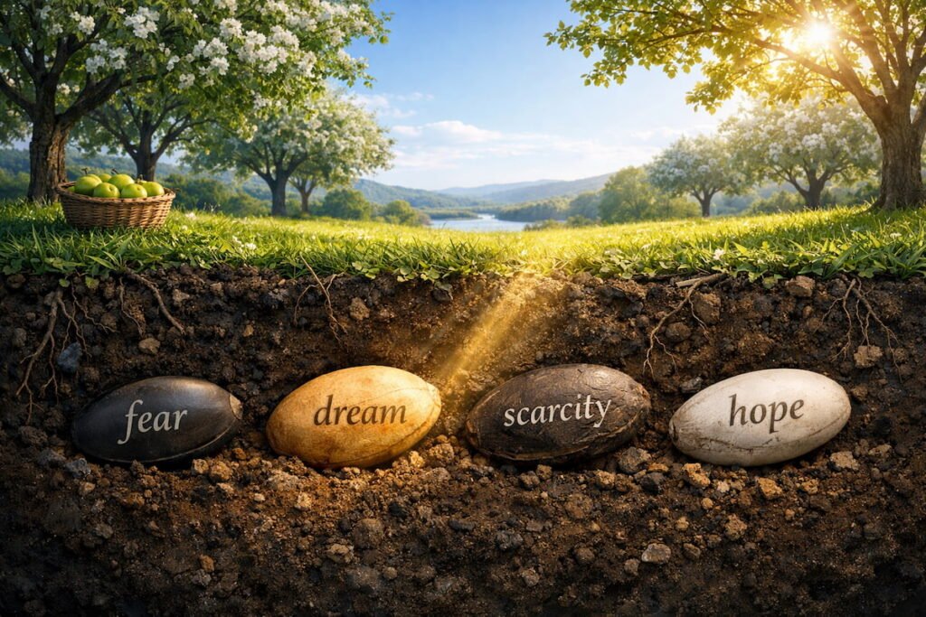 Cross-section of orchard soil showing four large seeds labeled fear, dream, scarcity, and hope beneath healthy fruit trees, illustrating hidden money beliefs beneath financial outcomes.