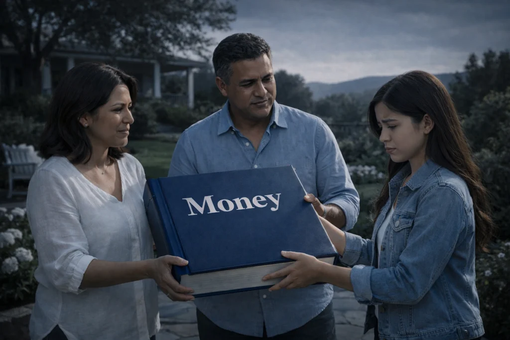 Latino parents hand their hesitant daughter a large book labeled “Money” in a quiet garden, symbolizing inherited money beliefs.