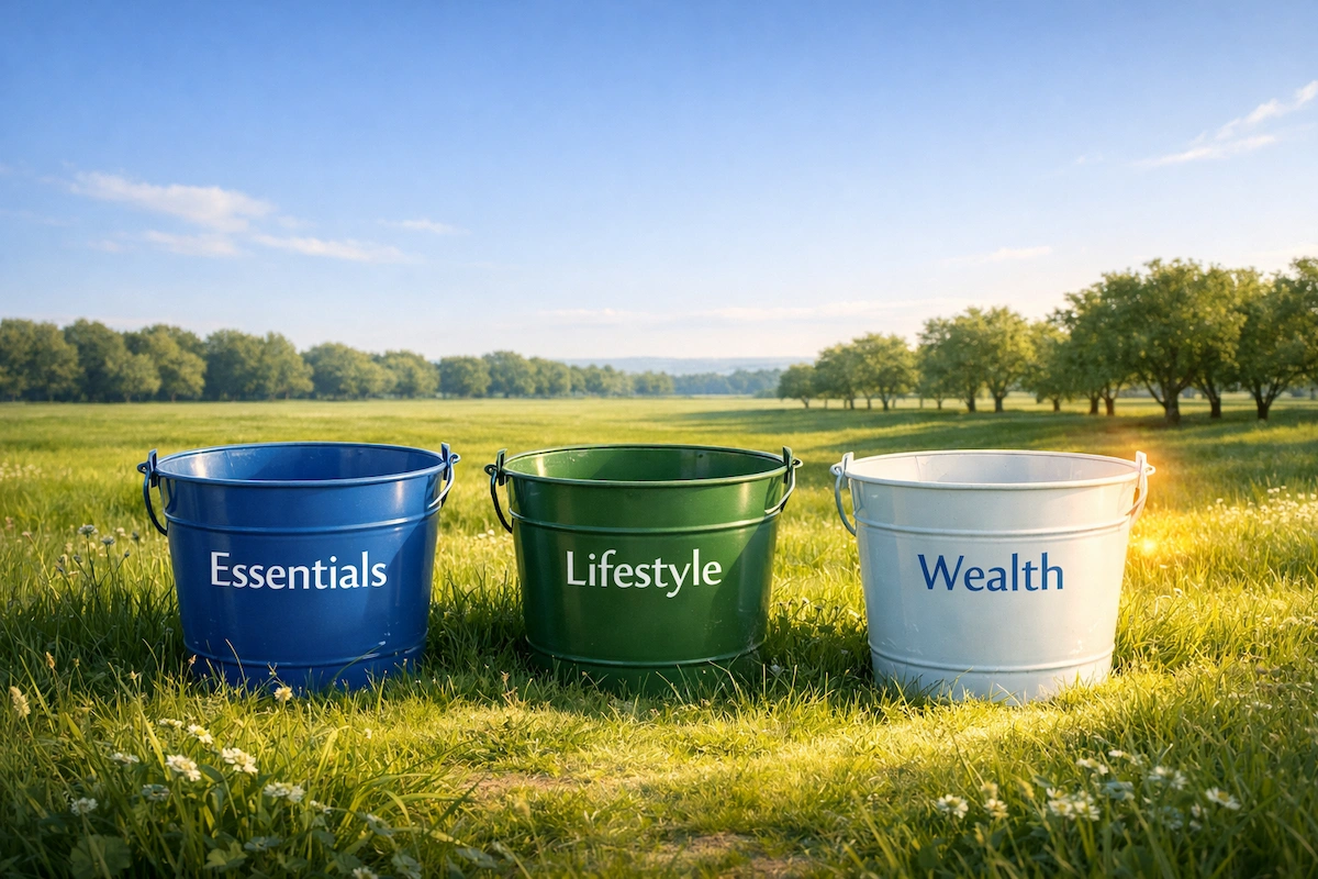 Three labeled buckets... Essentials, Lifestyle, and Wealth... rest in a peaceful open Your Money Orchard field with orchard trees in the distance, symbolizing a simple, structured budgeting approach.