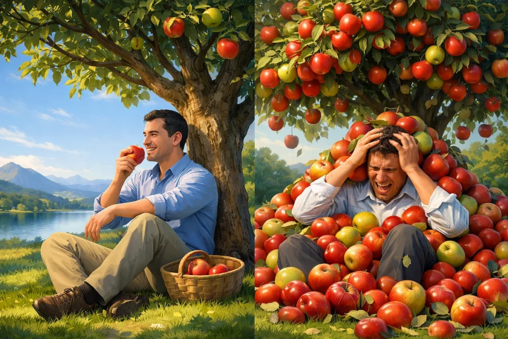 Split illustration showing two men beneath fruit trees: on the left, a calm man enjoying a single piece of fruit; on the right, a distressed man overwhelmed by excessive fruit falling from an overfilled tree.