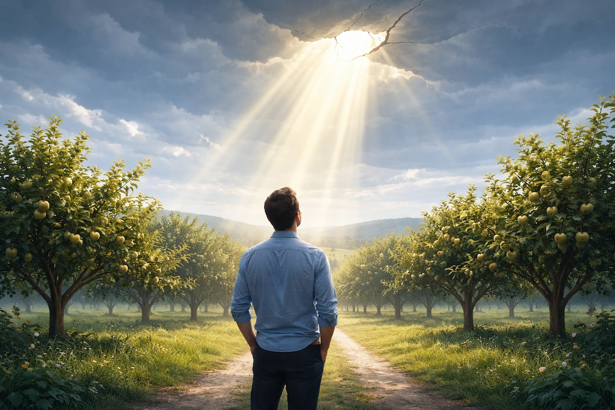 Man standing in a peaceful orchard, looking up at a cracked cloud ceiling as sunlight breaks through above him.