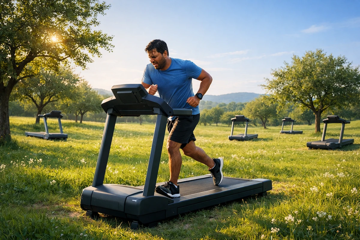 Indian man running exhausted on a treadmill in a peaceful orchard field, symbolizing the side hustle trap of working harder without building wealth.