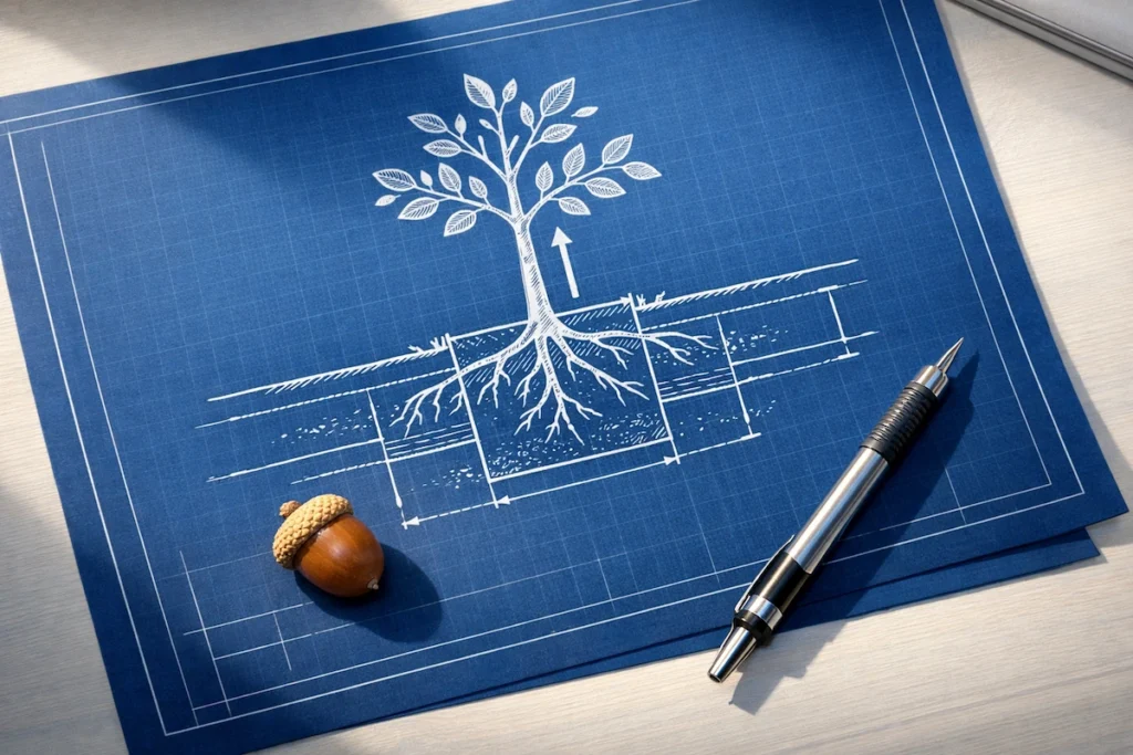 A top-down view of a navy-blue YMO blueprint showing a precise schematic for planting a single fruit tree, with a real acorn and drafting pencil resting beside it in soft sunlight.