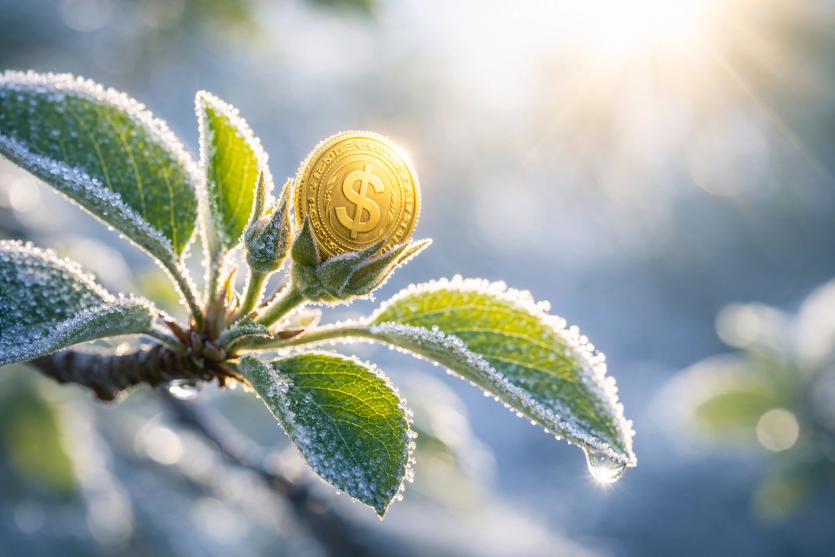 A macro close-up of a vibrant coin tree bud covered in morning frost crystals with warm sunlight melting the ice, symbolizing financial resilience and an inflation fatigue mindset.