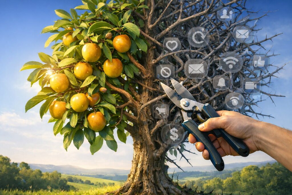 A fruit tree split in two: one side thriving with golden fruit in sunlight, the other tangled with gray vines and faint subscription icons as a hand prunes away distractions.