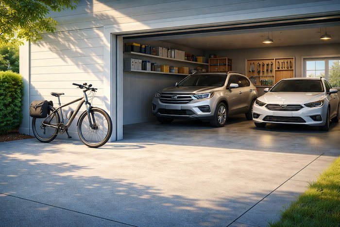 A calm residential driveway with an empty parking space where a truck once stood, a modern e-bike leaning against the wall, and two neatly parked cars in the background.