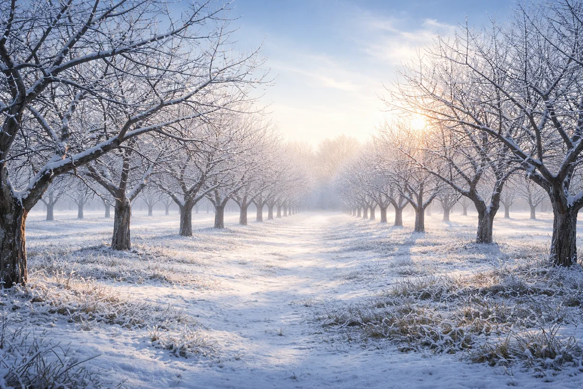 A quiet winter orchard with bare trees resting under soft frost, bathed in gentle morning light, symbolizing patience and unseen growth.