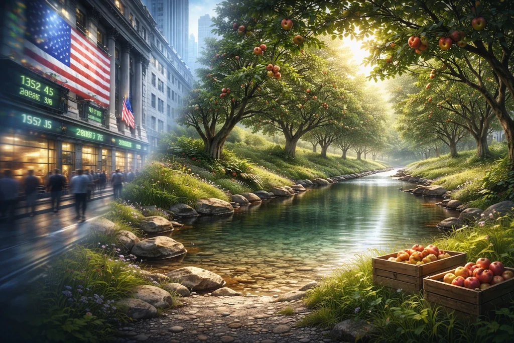 A split scene transitioning from the busy New York Stock Exchange to a peaceful orchard stream, symbolizing the shift from financial noise to long-term clarity.