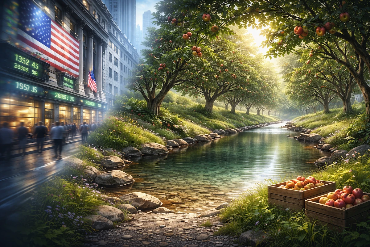 A split scene transitioning from the busy New York Stock Exchange to a peaceful orchard stream, symbolizing the shift from financial noise to long-term clarity.