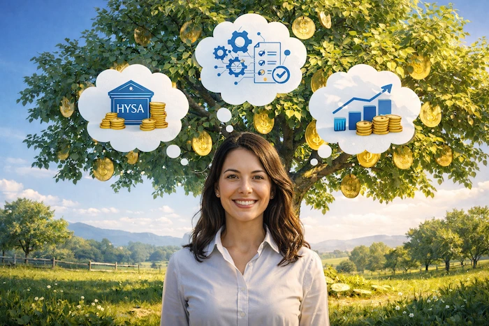 The Way Out - Start Small Stay Consistent Smiling woman standing in front of a coin-growing orchard tree, with thought bubbles showing a high-yield savings account, automation, and investing.