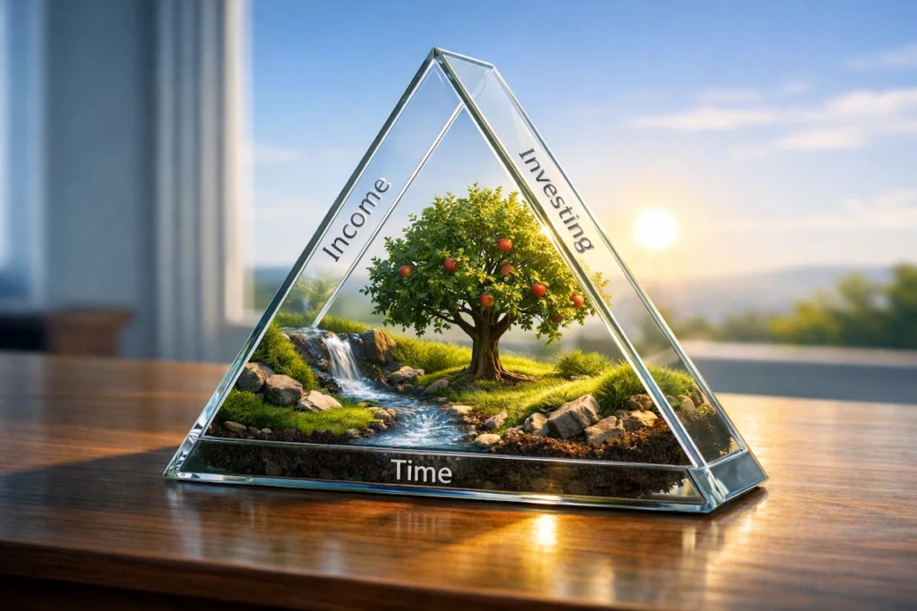 A triangular glass terrarium etched with “Income,” “Investing,” and “Time,” containing a miniature orchard with a flowing stream, a thriving tree, and warm sunlight symbolizing long-term wealth building. A Your Money Orchard favorite image.