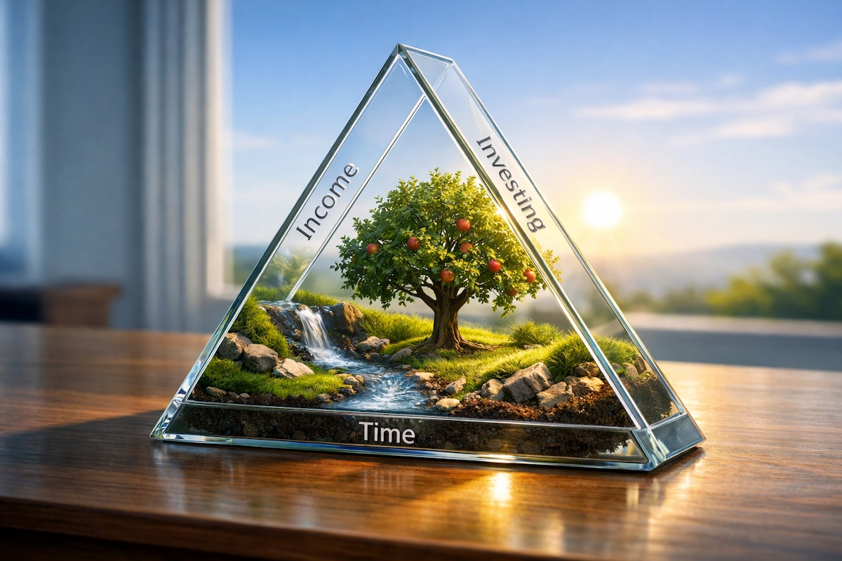 A triangular glass terrarium etched with “Income,” “Investing,” and “Time,” containing a miniature orchard with a flowing stream, a thriving tree, and warm sunlight symbolizing long-term wealth building. A Your Money Orchard favorite image.