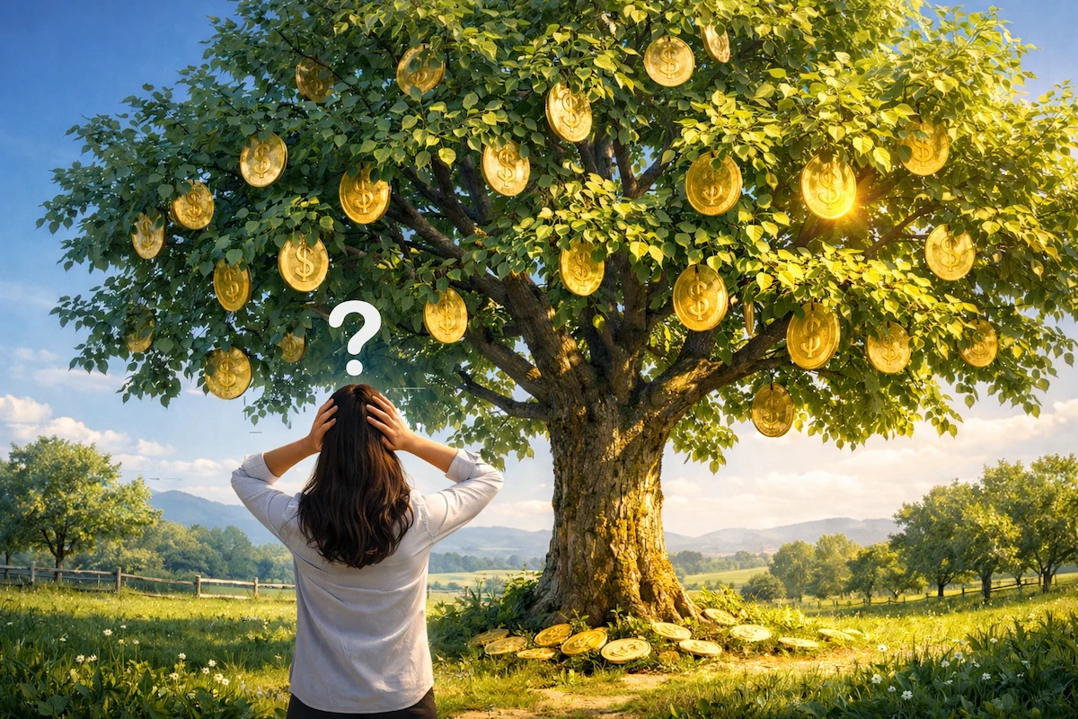 Woman standing beneath a coin-growing orchard tree, holding her head in stress while looking up at money hanging from the branches.