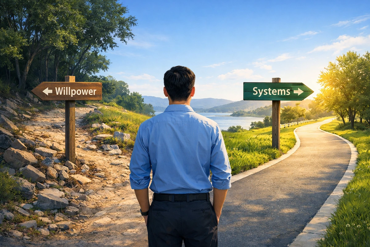 Asian man standing at a crossroads with two signposts labeled “Willpower” and “Systems,” choosing between a rocky path and a smooth, well-kept road.