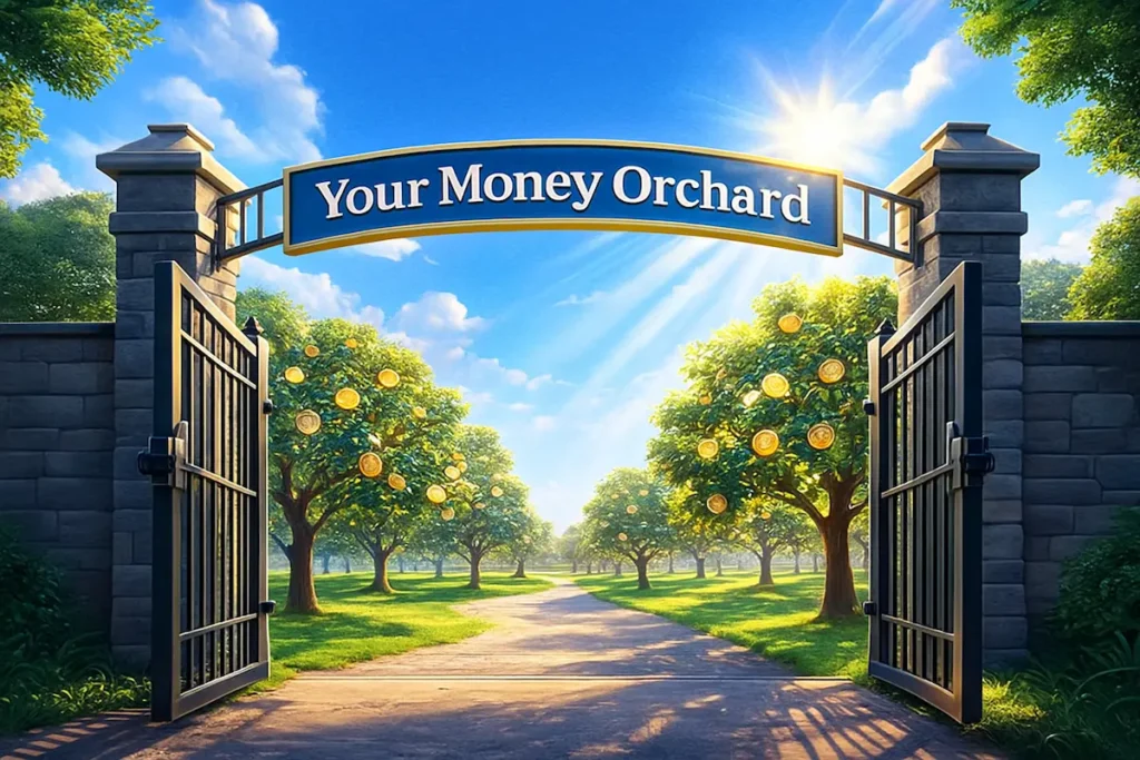 Entrance to Your Money Orchard showing money growing on trees, representing sustainable wealth building, financial discipline, and long-term investing.
