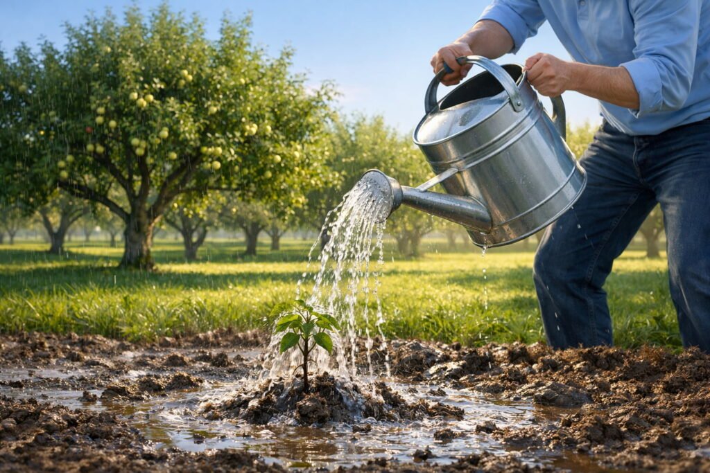 A person overwatering a small sapling until the soil becomes muddy, while a healthy, sunlit orchard thrives untouched in the background, symbolizing the harm of over-managing long-term investments.