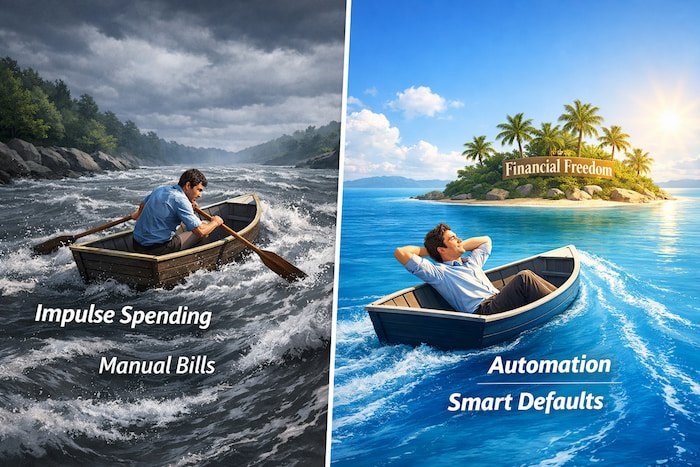 Split-screen illustration showing a person struggling to row a boat upstream against dark waters labeled “Impulse Spending” and “Manual Bills” on one side, contrasted with the same person relaxing as automation carries them smoothly toward an island labeled “Financial Freedom.”