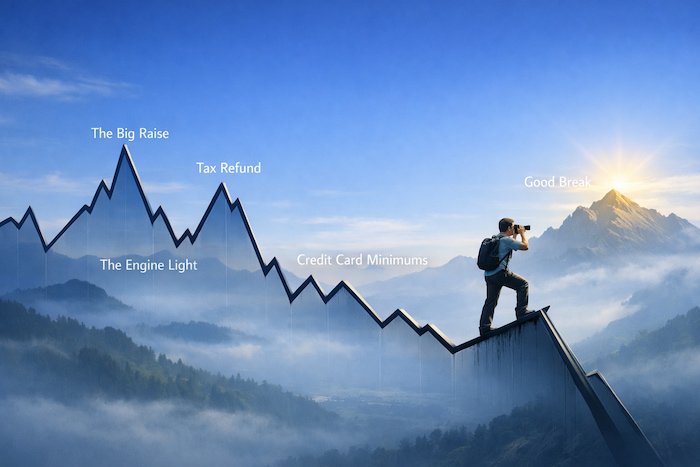 Illustration of a jagged income line graph resembling a mountain range, with peaks labeled “The Big Raise” and “Tax Refund” and valleys labeled “The Engine Light” and “Credit Card Minimums,” as a person stands on a downward slope looking ahead toward a distant “Good Break.”