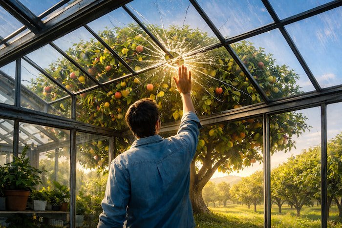 A person standing inside a weathered glass greenhouse in a sunlit Your Money Orchard, reaching toward a cracked glass ceiling as a fruit-heavy tree presses upward from outside.