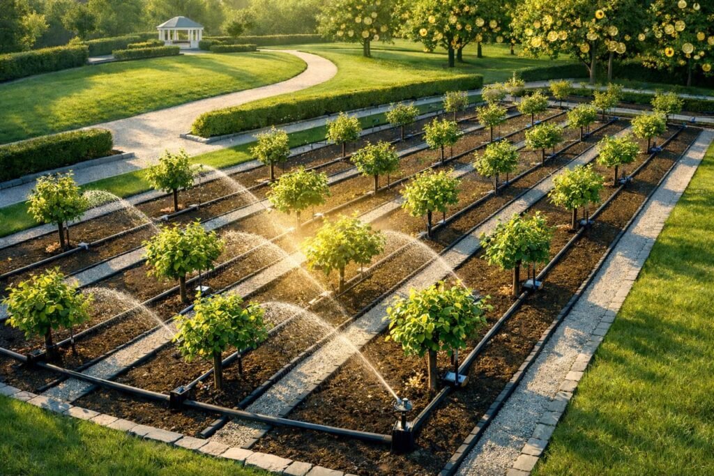 Top-down architectural illustration of a minimalist wealth orchard garden with evenly spaced saplings and automated irrigation lines, symbolizing disciplined long-term investing systems.